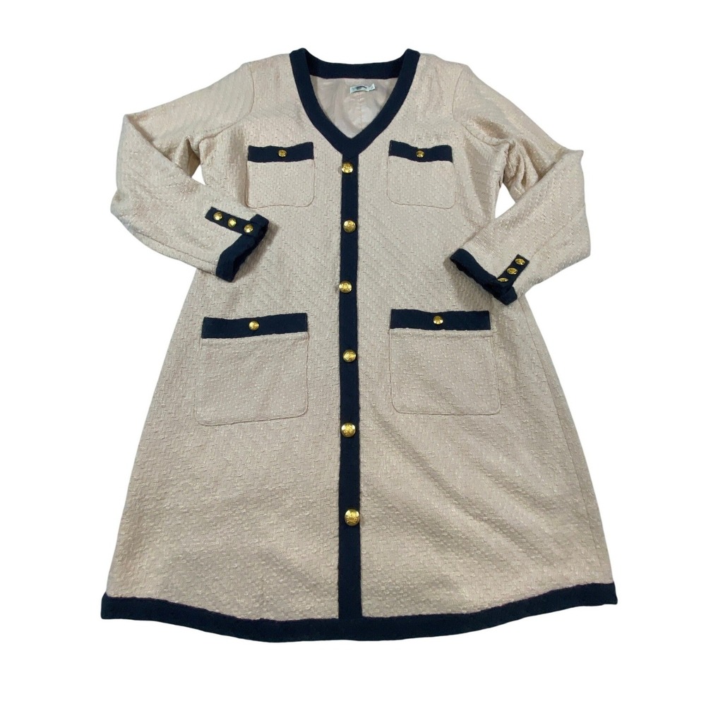 Spartina Maggie Tweed Button Front Mini Dress Tan Navy Kentucky Derby XL - Picture 5 of 15